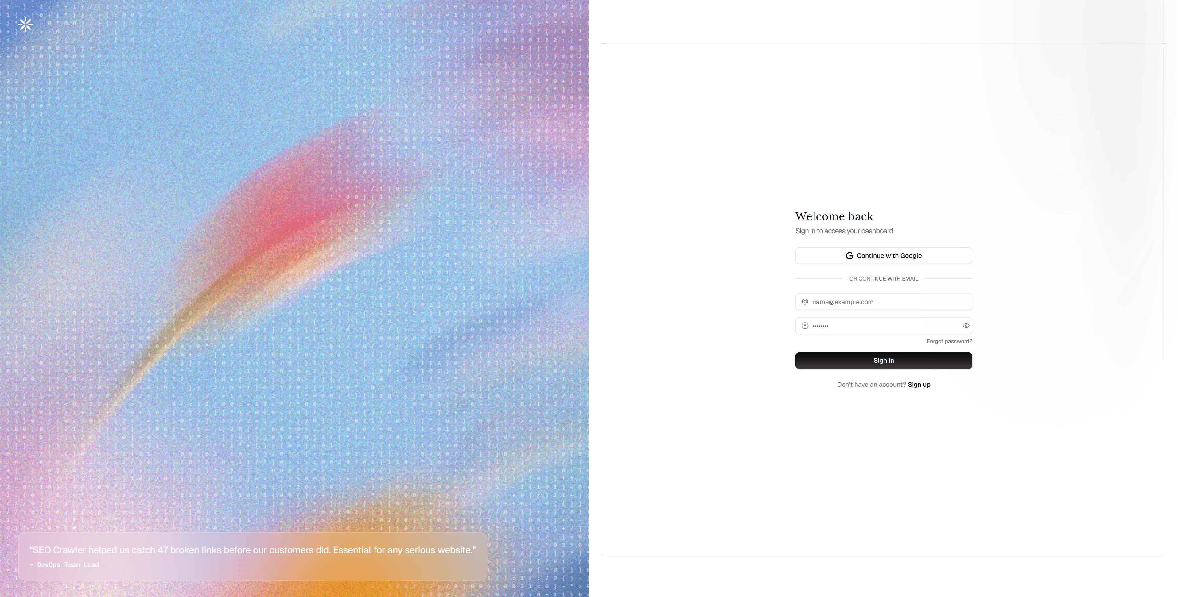 SEO Crawler sign-in screen