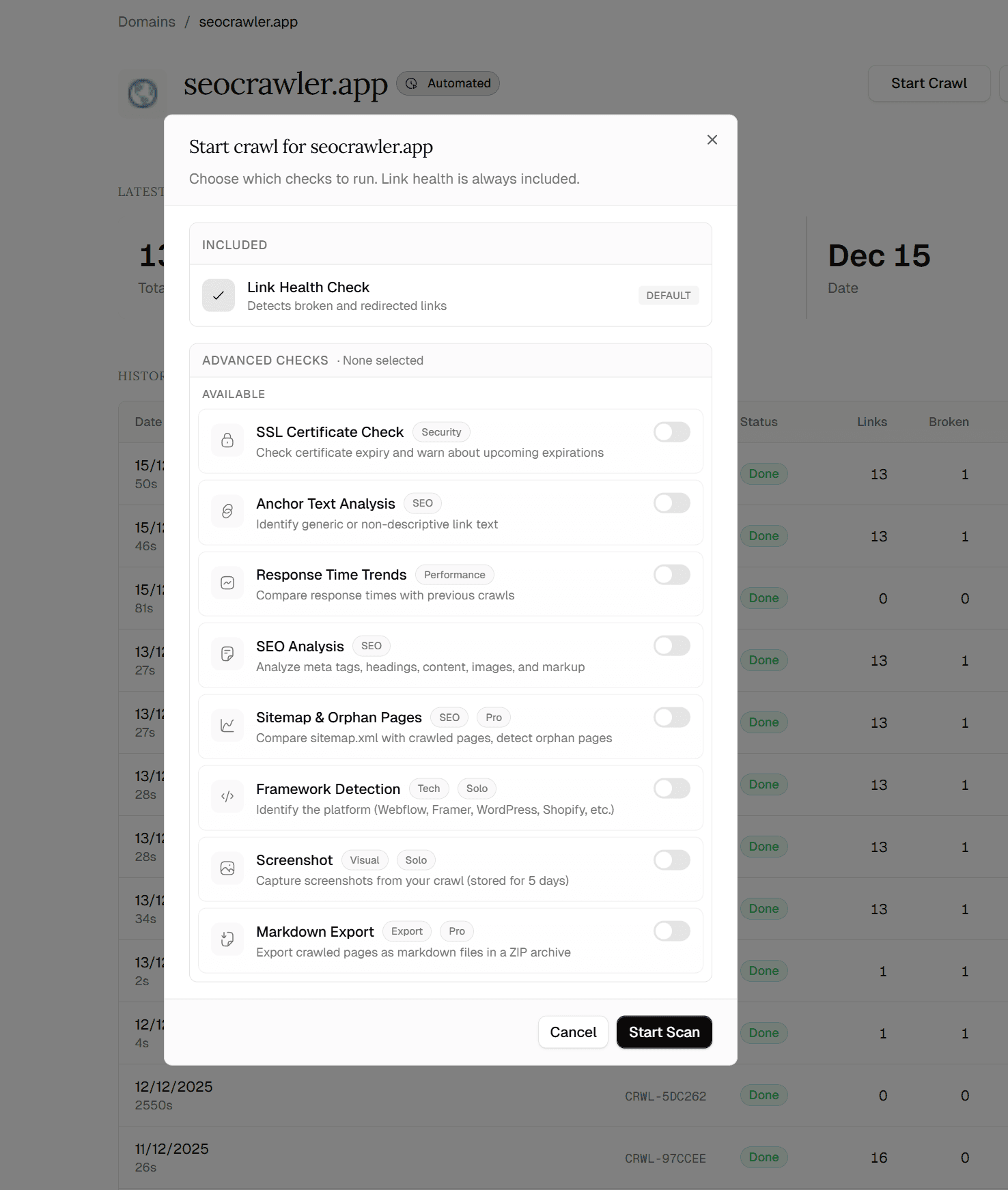 SEO Crawler crawl options