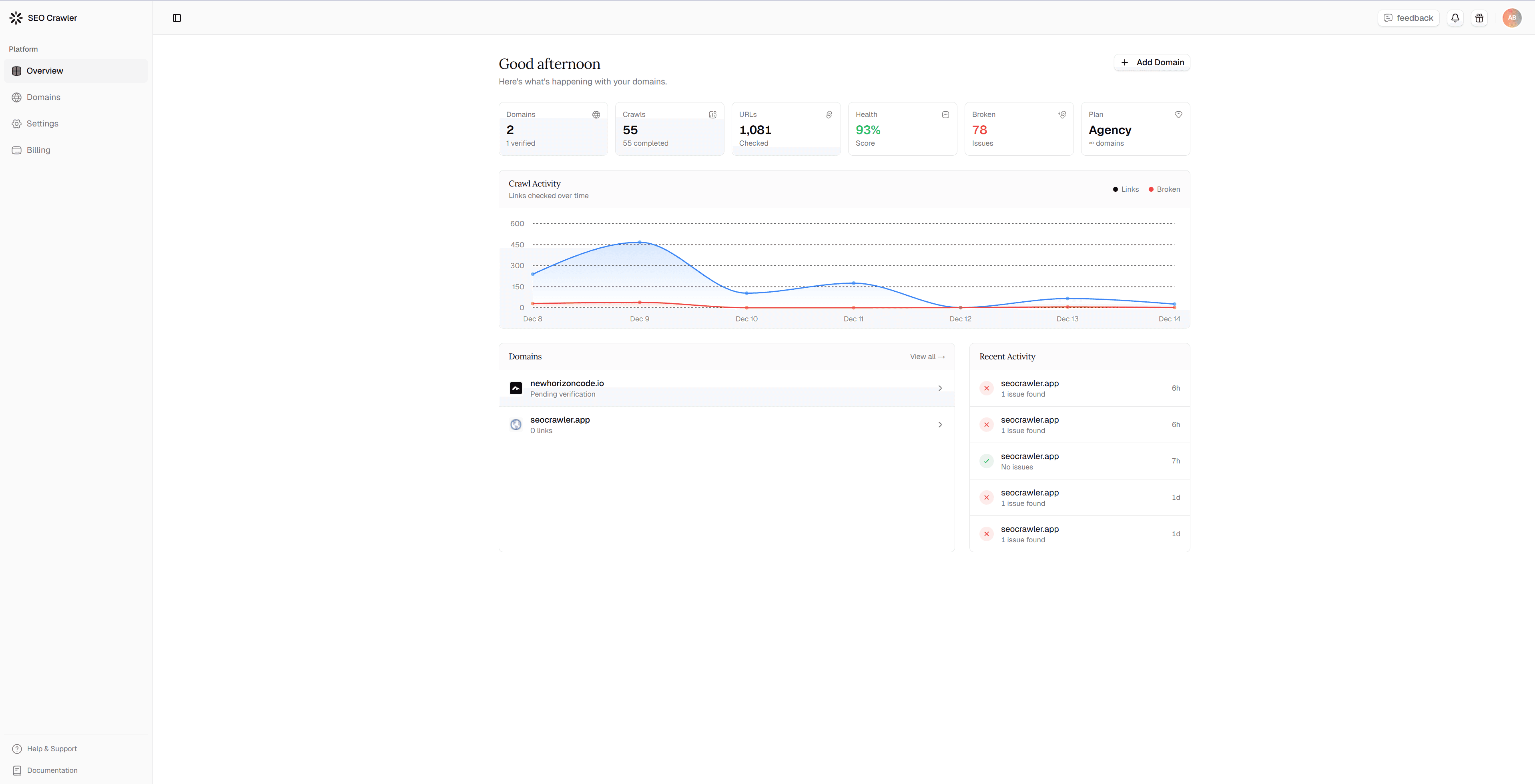 SEO Crawler dashboard