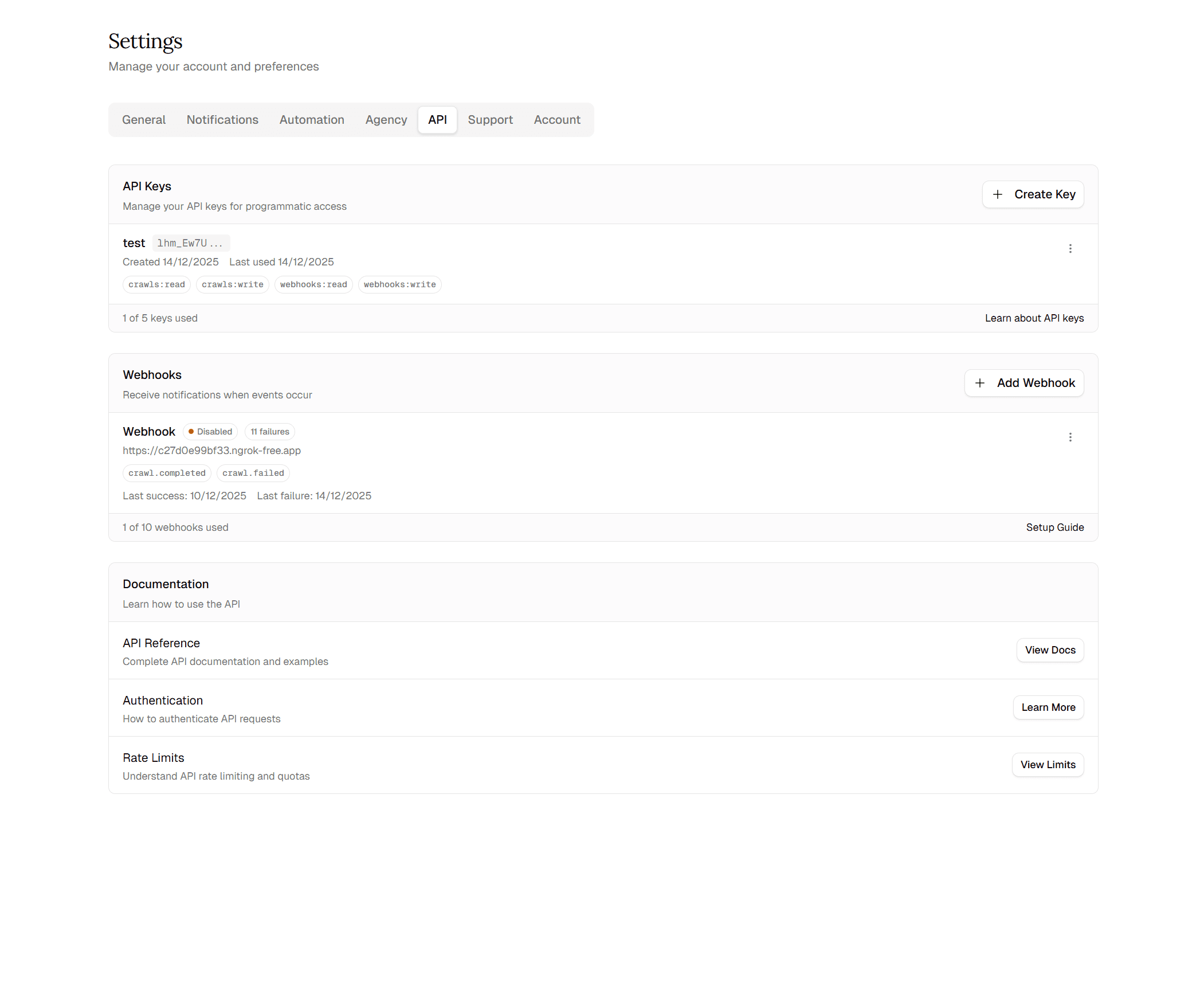 SEO Crawler options and API settings